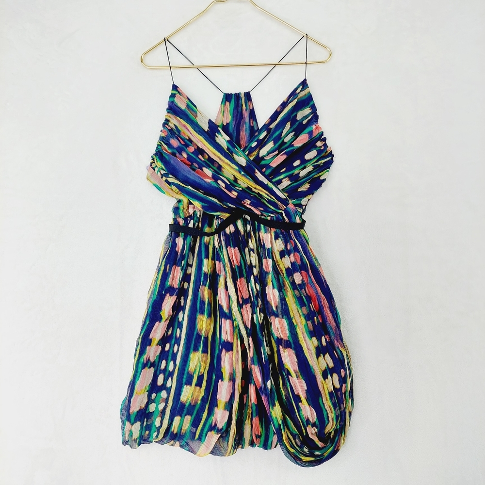 Vera Wang Lavender Label Silk Colorful Draped Watercolor Print Mini Dress P2635